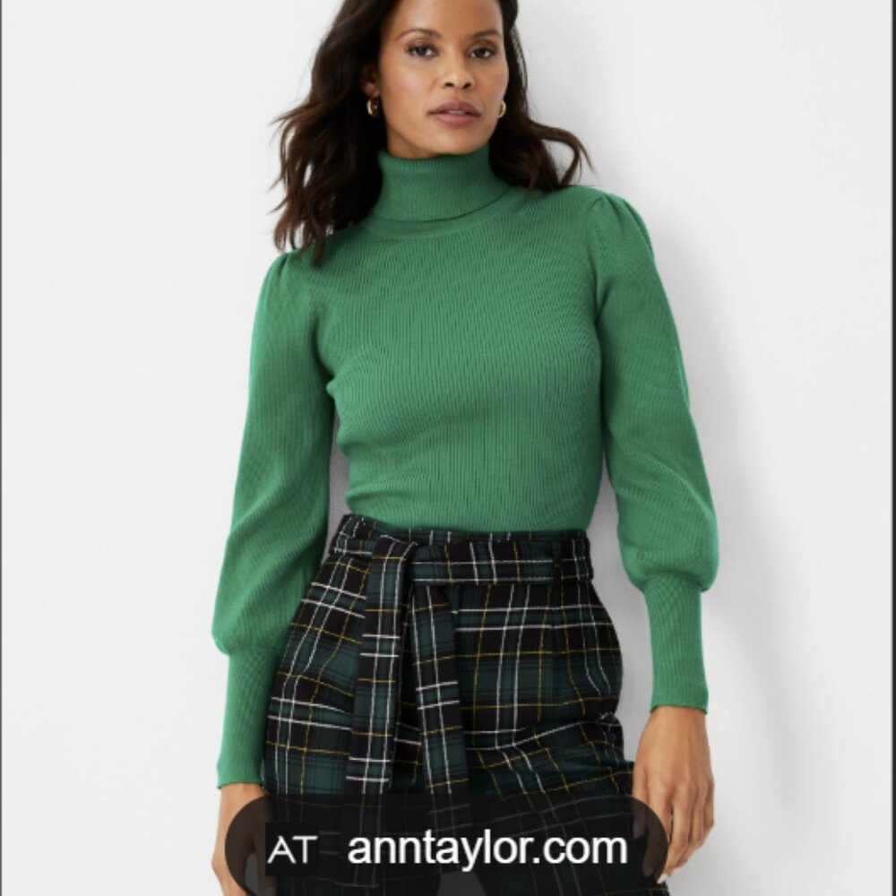 Ann Taylor Vibrant Green Turtleneck Balloon Sleeve Sweater Size Small